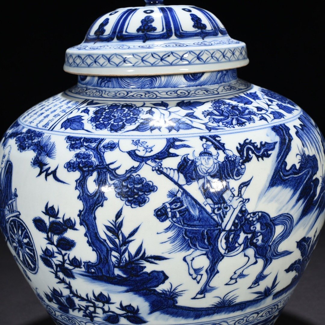 Yuan Dynasty blue and white inscription Guigu down the mountain character story pattern lid jar