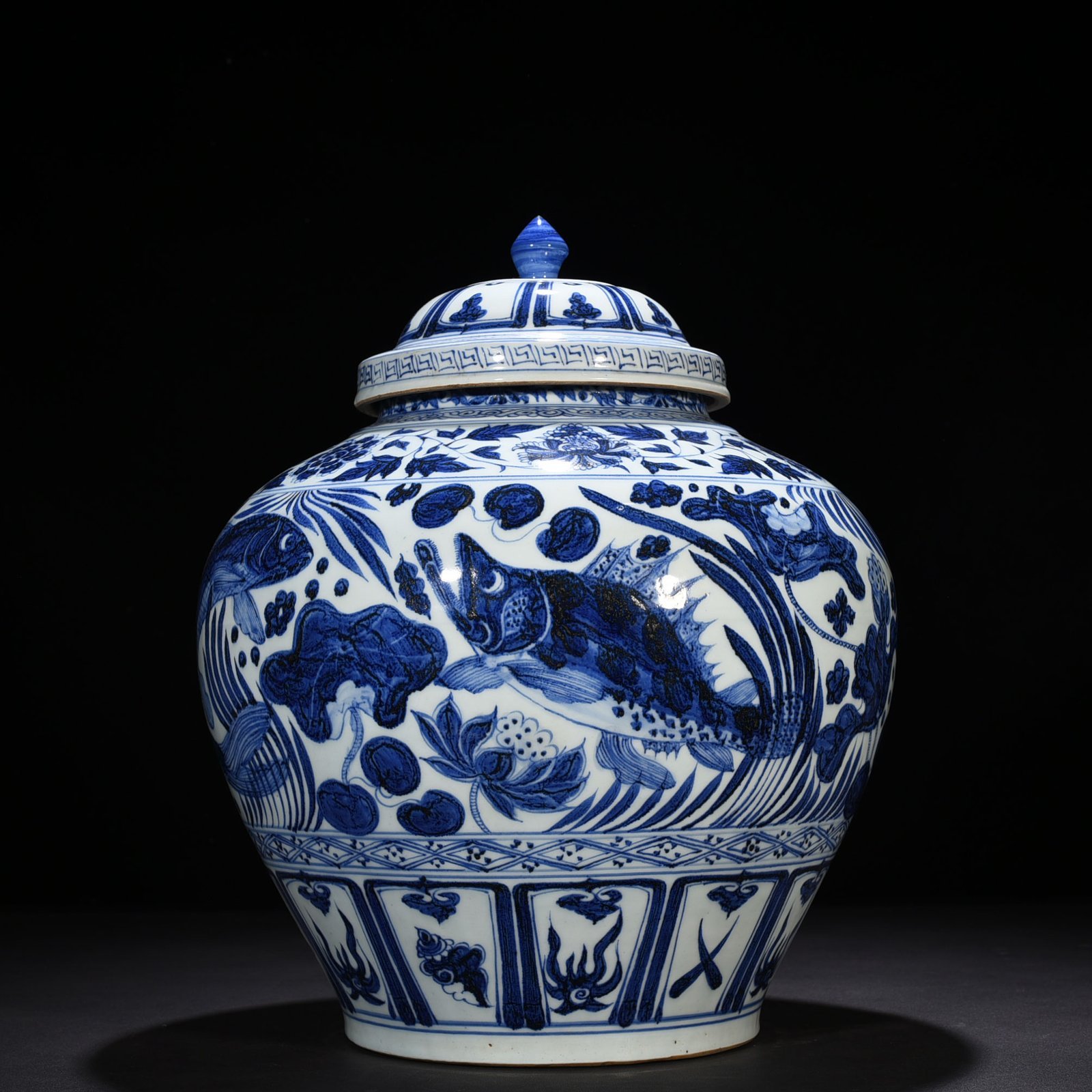 Yuan Dynasty blue and white fish and algae pattern lid jar
