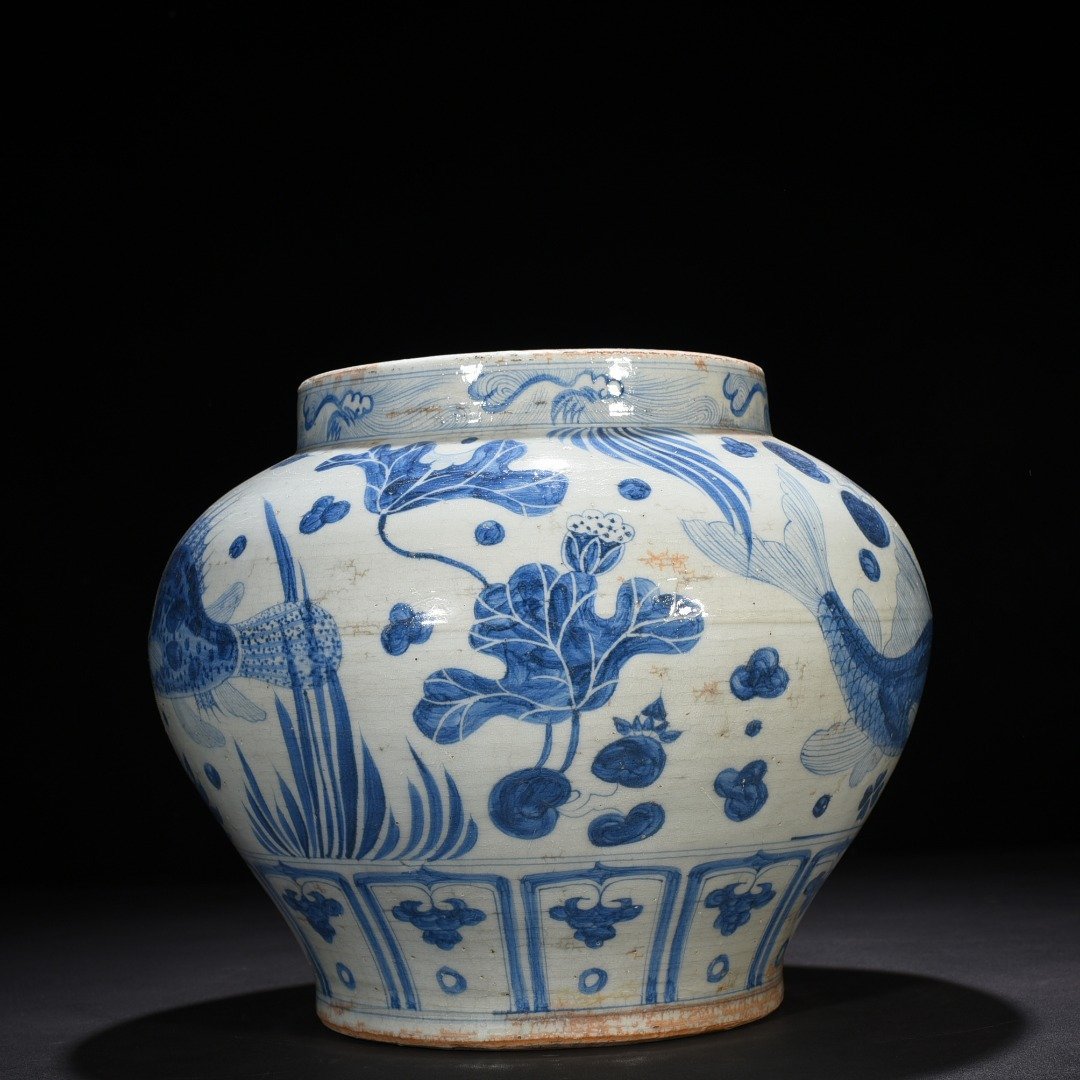 Yuan Dynasty blue and white fish and algae pattern jar