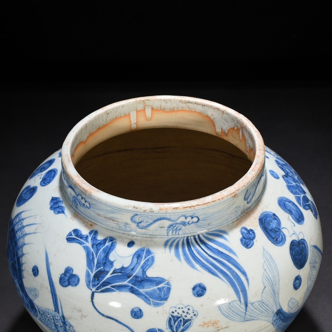 Yuan Dynasty blue and white fish and algae pattern jar