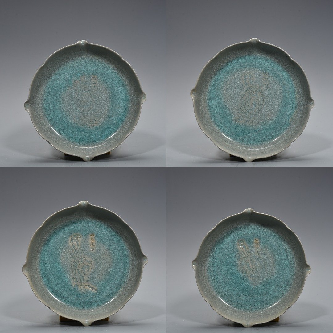 Song Dynasty Ru Kiln ice crack carving four beauties figure pattern sunflower wash