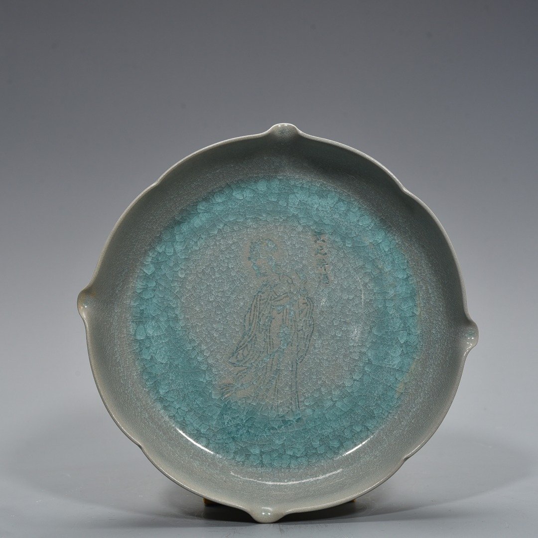 Song Dynasty Ru Kiln ice crack carving four beauties figure pattern sunflower wash