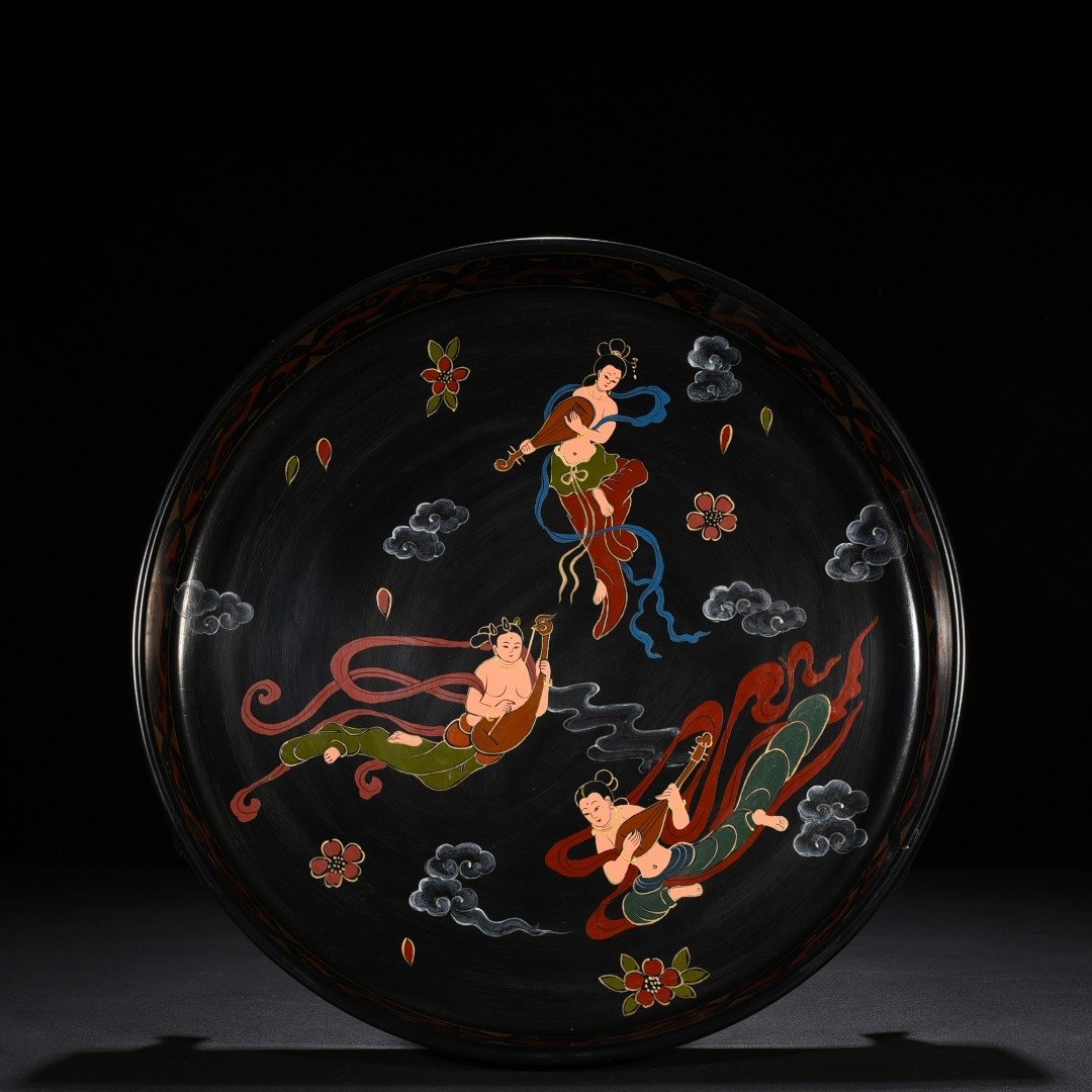 Song Dynasty Ru kiln lacquerware three-legged wash with gold-painted flying figure pattern
