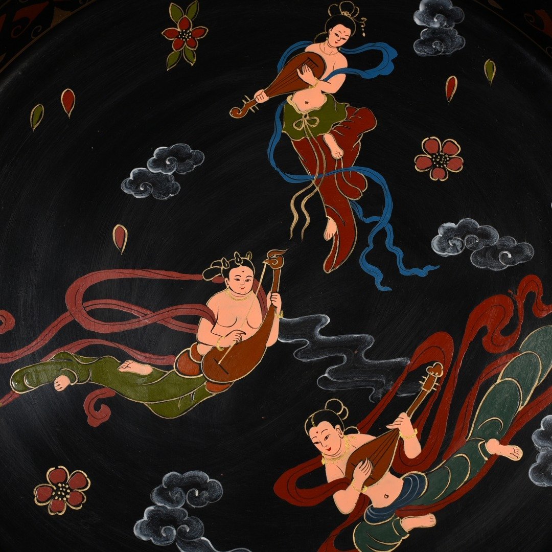 Song Dynasty Ru kiln lacquerware three-legged wash with gold-painted flying figure pattern