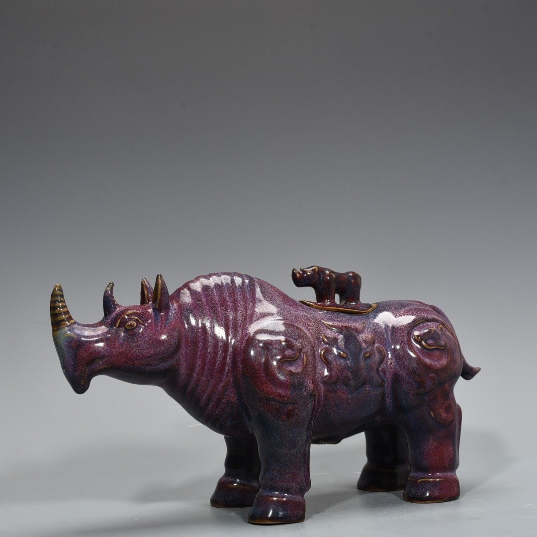 Song Dynasty Jun Kiln Bagua Cave Imperial Rose Purple Glaze Rhinoceros Statue