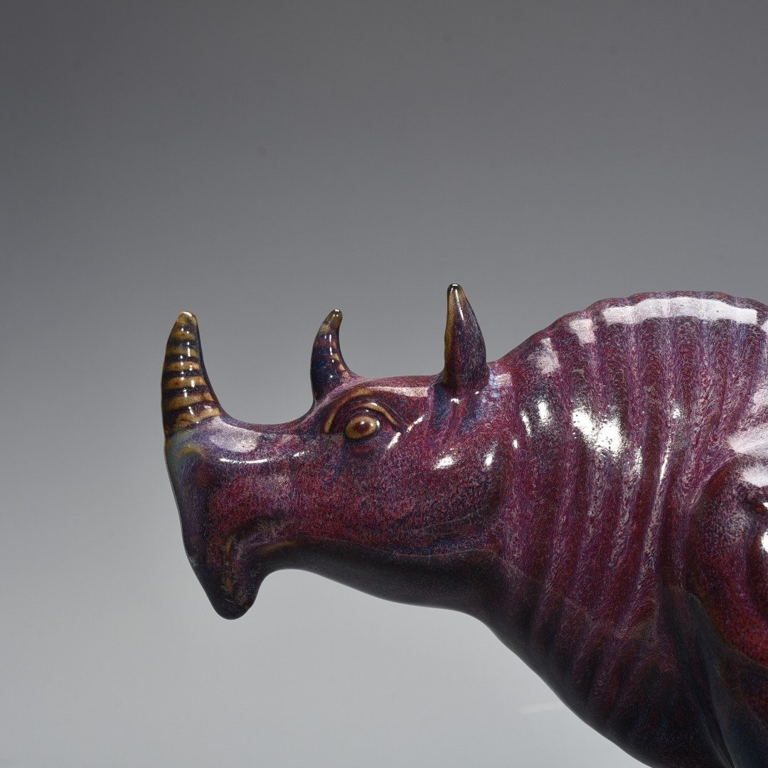 Song Dynasty Jun Kiln Bagua Cave Imperial Rose Purple Glaze Rhinoceros Statue