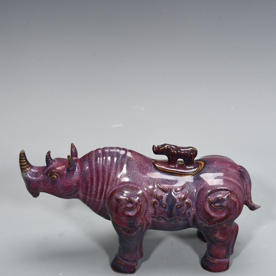 Song Dynasty Jun Kiln Bagua Cave Imperial Rose Purple Glaze Rhinoceros Statue