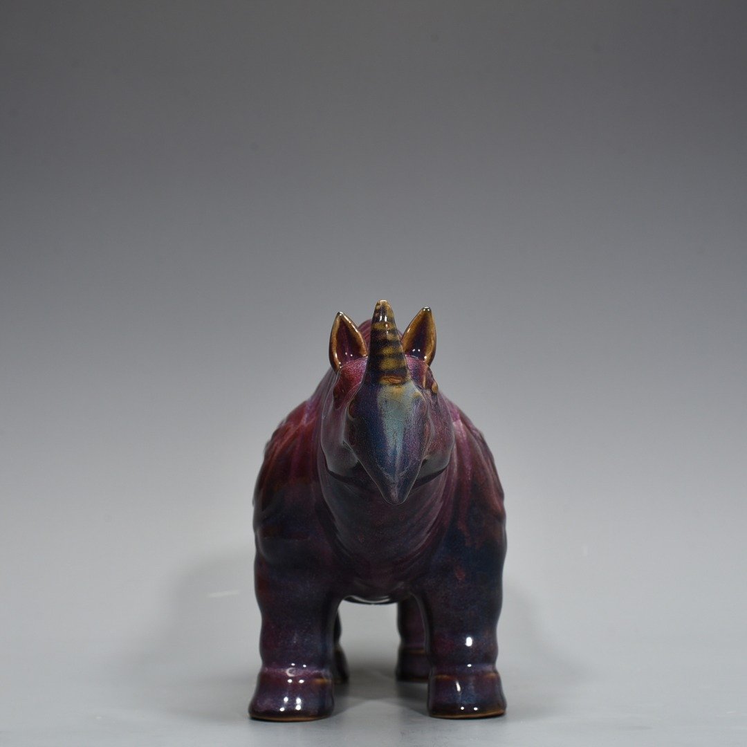 Song Dynasty Jun Kiln Bagua Cave Imperial Rose Purple Glaze Rhinoceros Statue