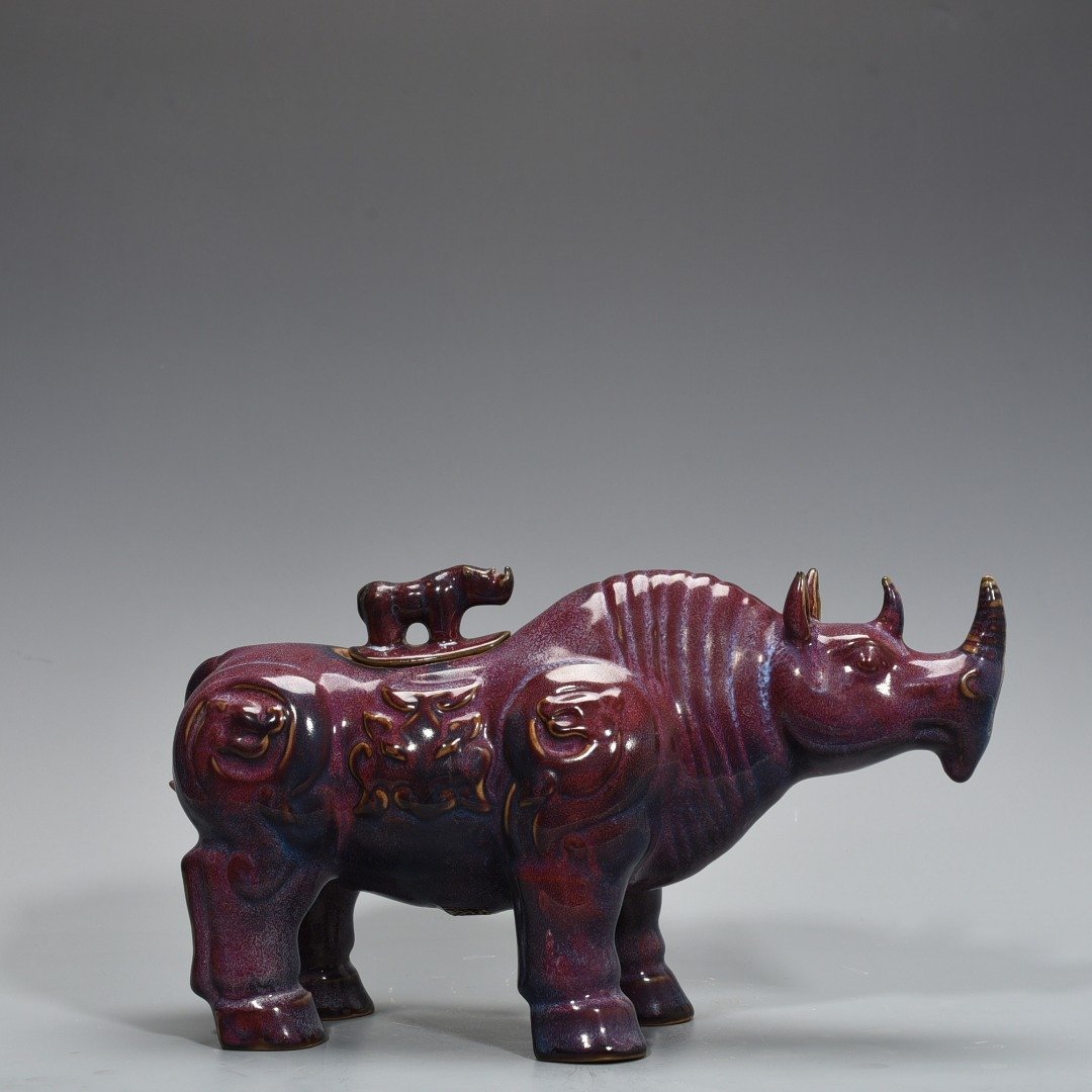 Song Dynasty Jun Kiln Bagua Cave Imperial Rose Purple Glaze Rhinoceros Statue