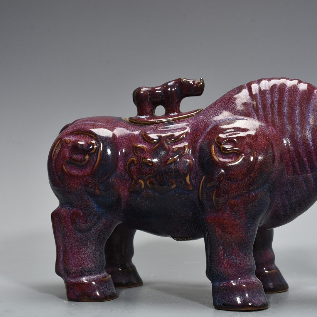 Song Dynasty Jun Kiln Bagua Cave Imperial Rose Purple Glaze Rhinoceros Statue