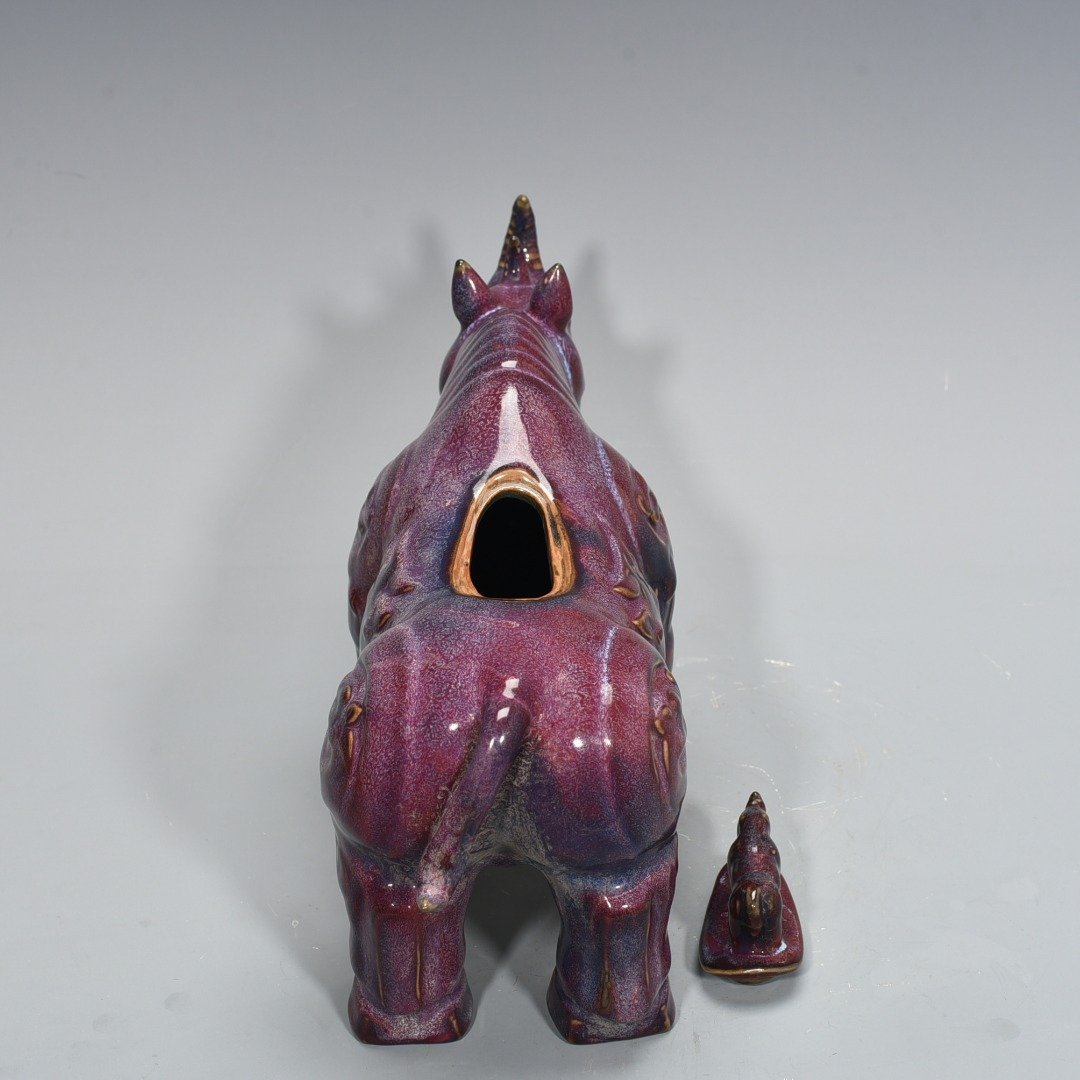 Song Dynasty Jun Kiln Bagua Cave Imperial Rose Purple Glaze Rhinoceros Statue