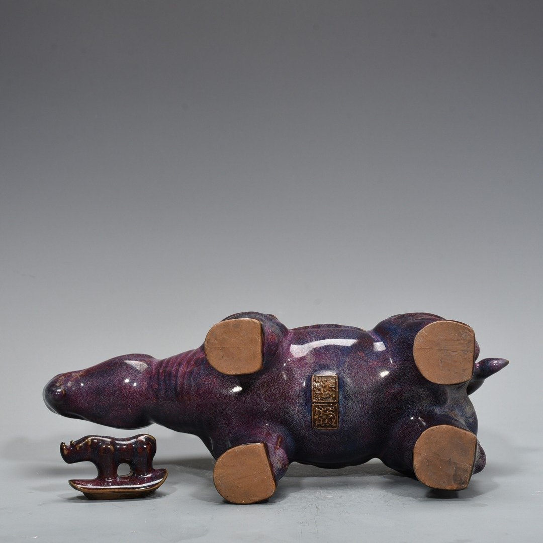 Song Dynasty Jun Kiln Bagua Cave Imperial Rose Purple Glaze Rhinoceros Statue