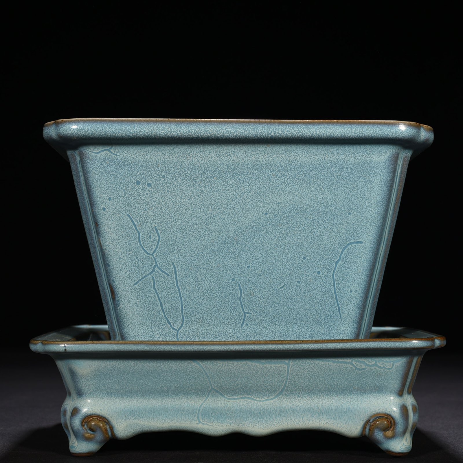 Song Dynasty Jun kiln azure glaze long flowerpot with earthworm mud pattern 18 22 cm holder 6.5 22.5 cm pot