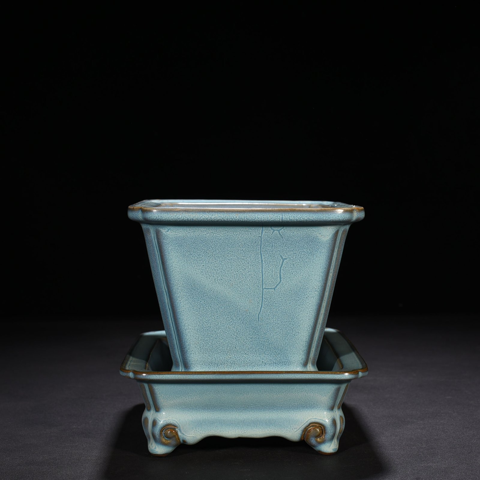Song Dynasty Jun kiln azure glaze long flowerpot with earthworm mud pattern 18 22 cm holder 6.5 22.5 cm pot