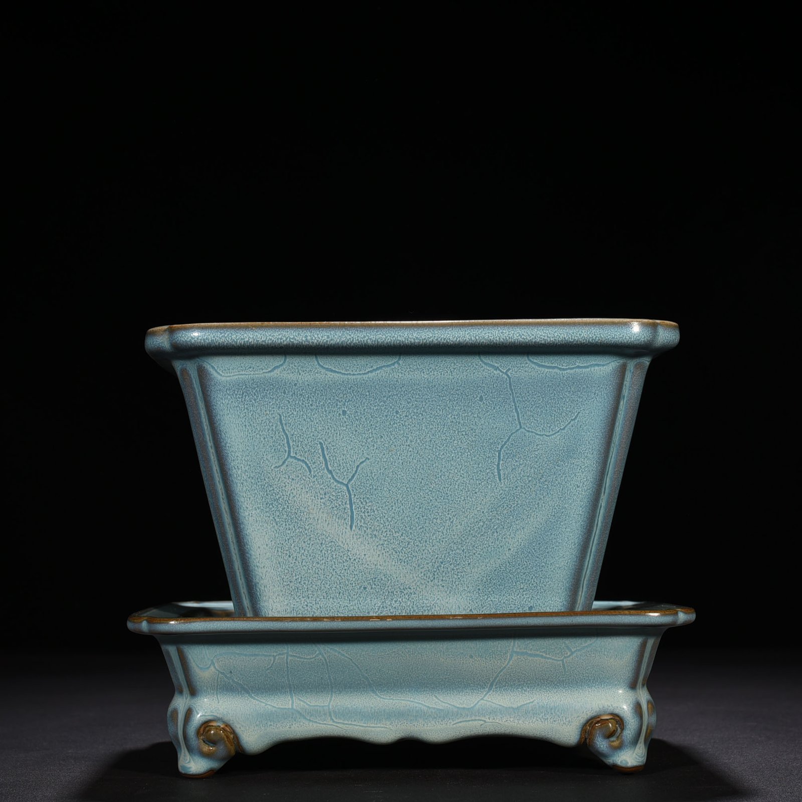 Song Dynasty Jun kiln azure glaze long flowerpot with earthworm mud pattern 18 22 cm holder 6.5 22.5 cm pot