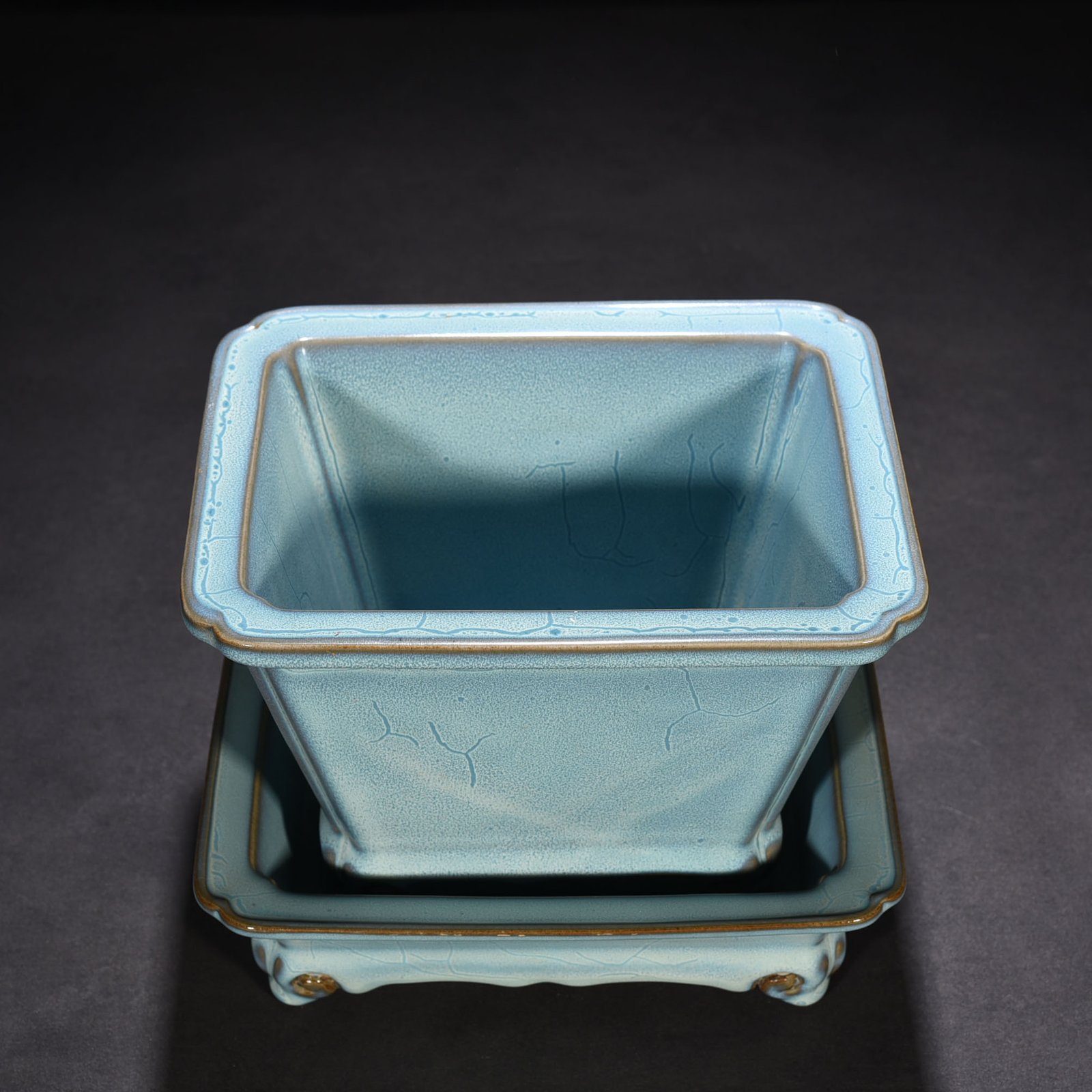 Song Dynasty Jun kiln azure glaze long flowerpot with earthworm mud pattern 18 22 cm holder 6.5 22.5 cm pot