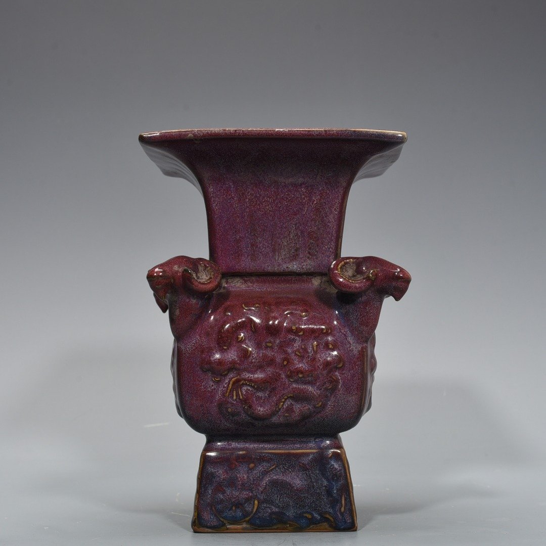 Song Dynasty Jun kiln rose purple glaze four-goat square statue