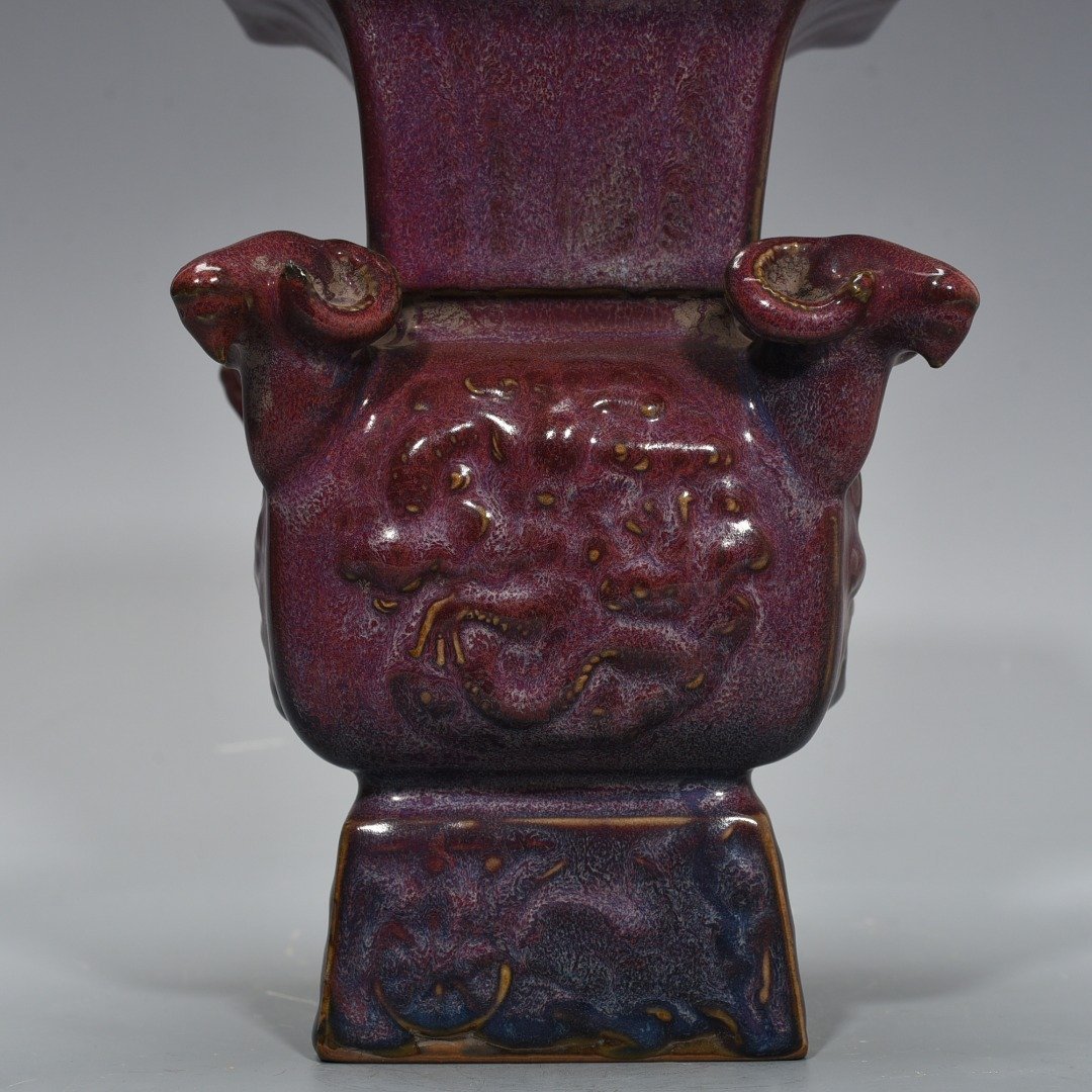 Song Dynasty Jun kiln rose purple glaze four-goat square statue