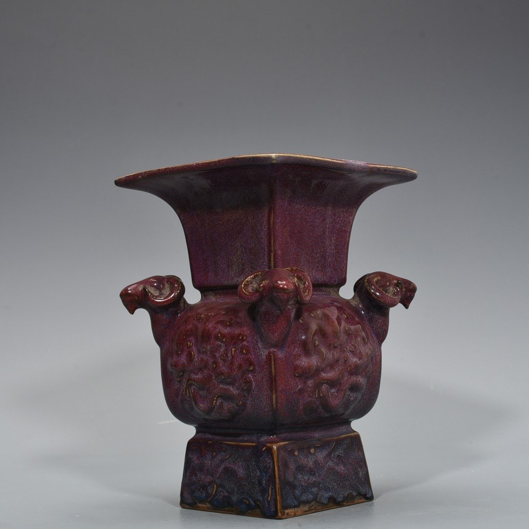 Song Dynasty Jun kiln rose purple glaze four-goat square statue