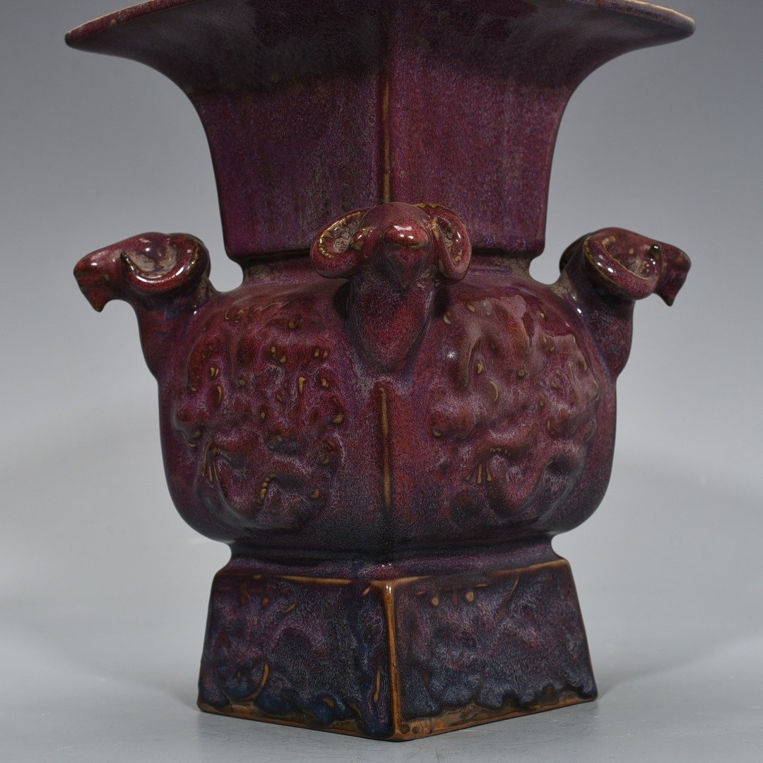 Song Dynasty Jun kiln rose purple glaze four-goat square statue