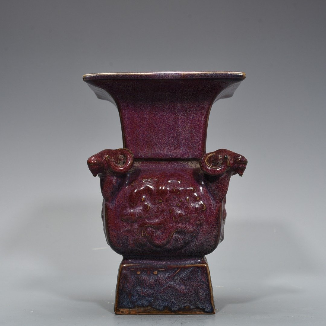 Song Dynasty Jun kiln rose purple glaze four-goat square statue