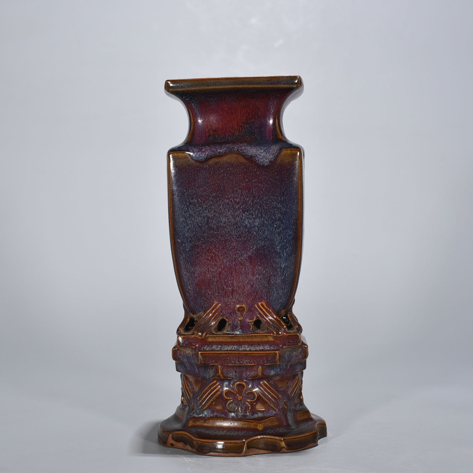 Song Dynasty Jun kiln rose purple glaze official square vase with seat