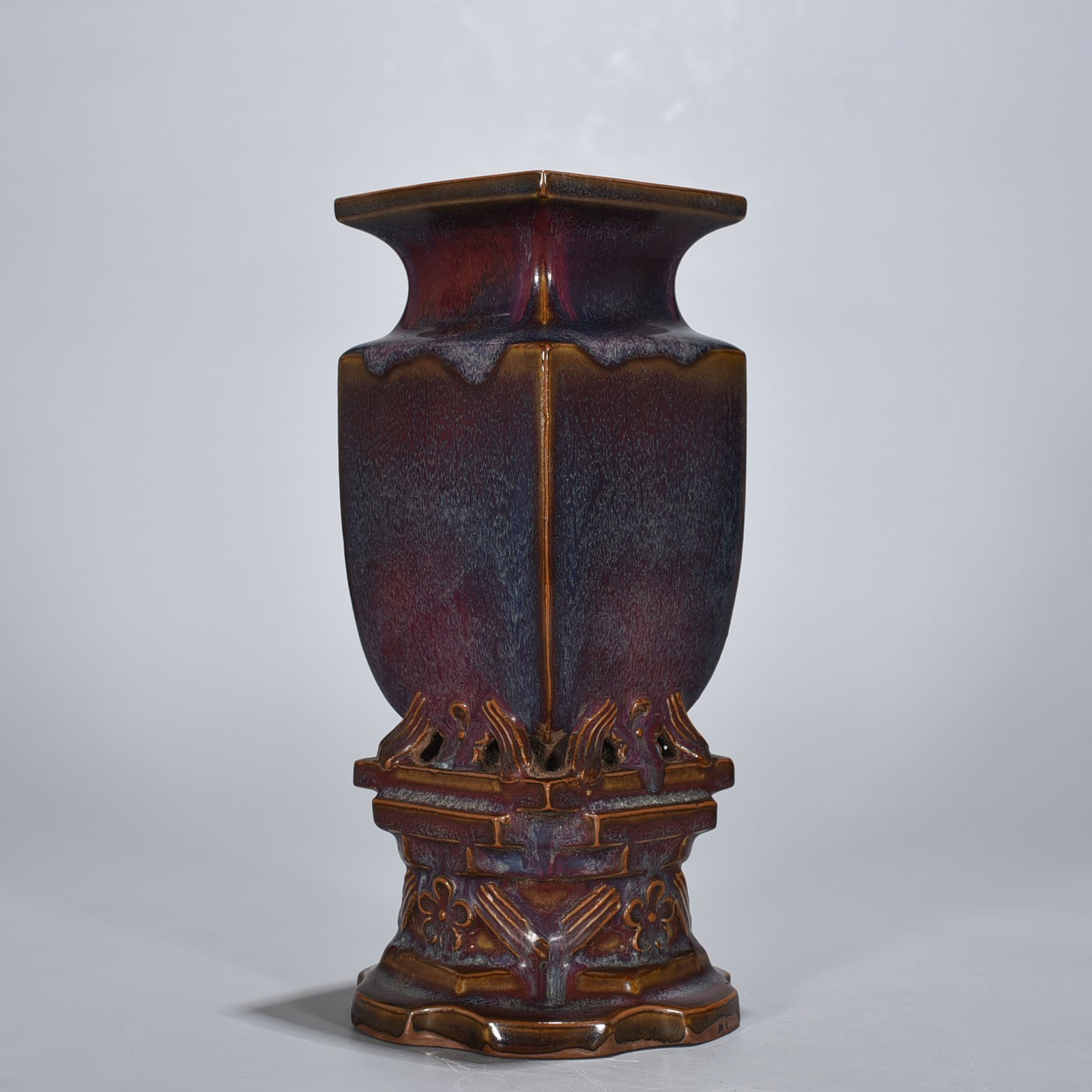 Song Dynasty Jun kiln rose purple glaze official square vase with seat