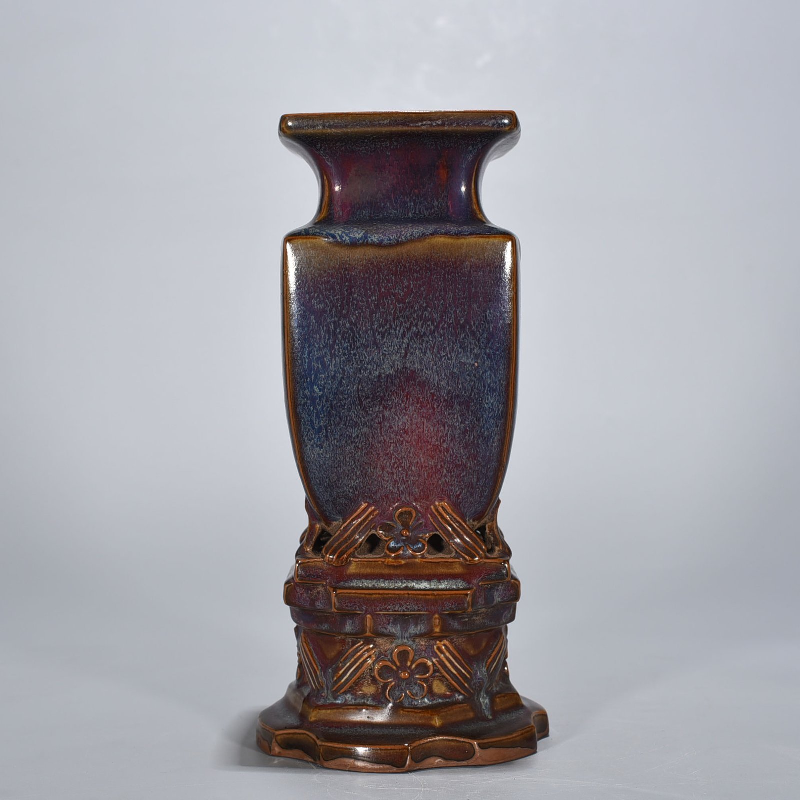 Song Dynasty Jun kiln rose purple glaze official square vase with seat
