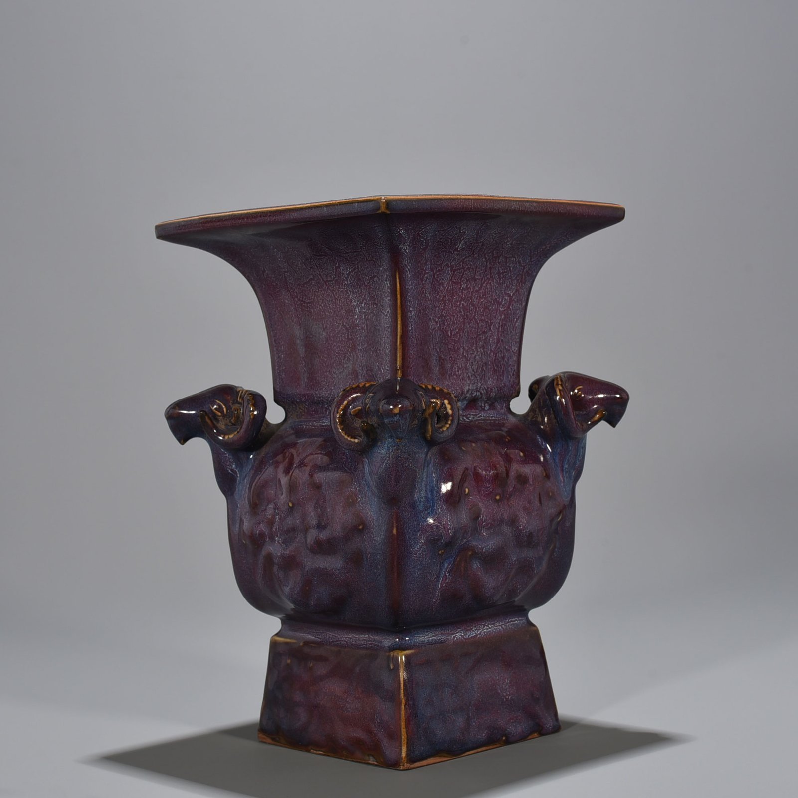 Song Dynasty Jun kiln rose purple glaze four-goat square statue of Jingguo period