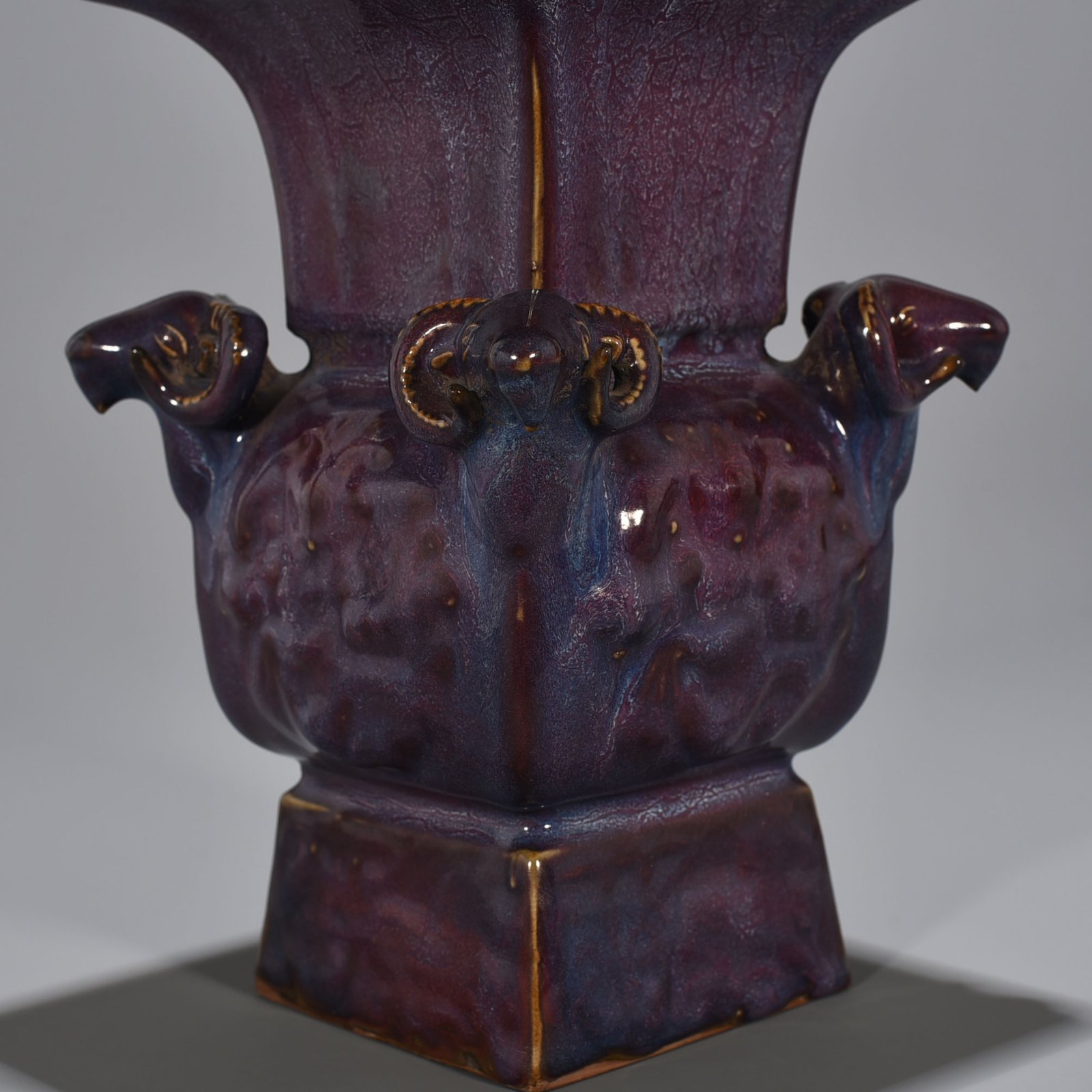 Song Dynasty Jun kiln rose purple glaze four-goat square statue of Jingguo period