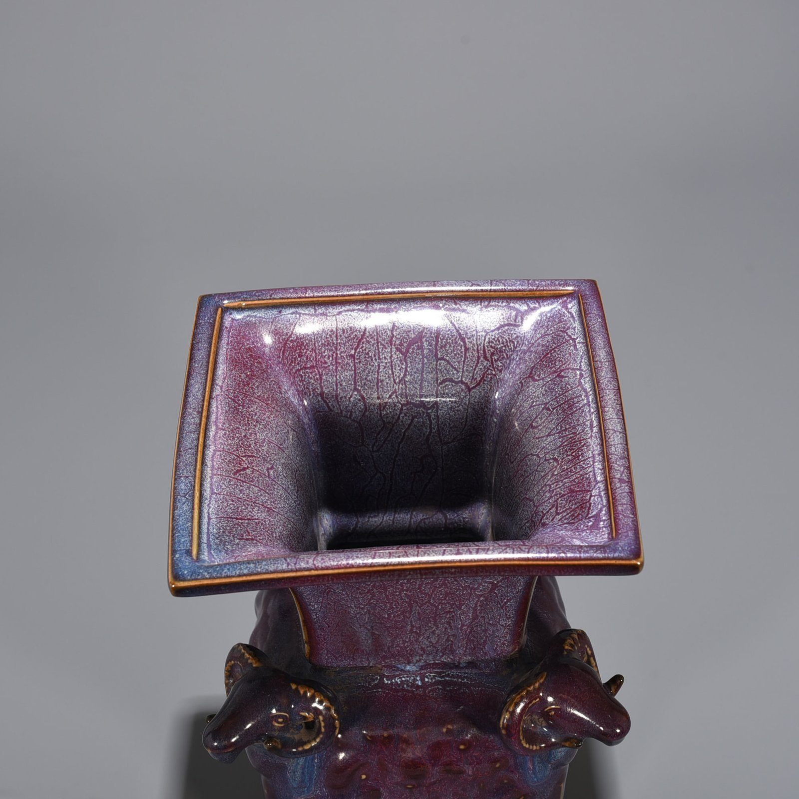 Song Dynasty Jun kiln rose purple glaze four-goat square statue of Jingguo period
