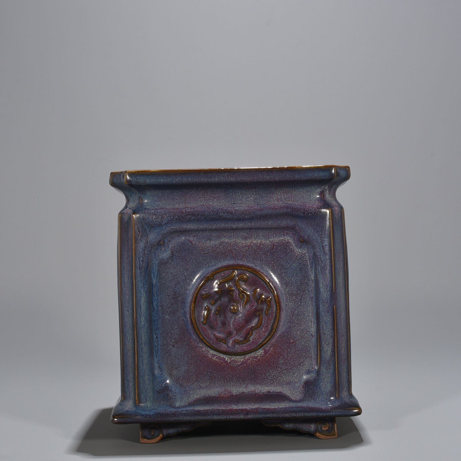 Song Dynasty Jun kiln rose purple glaze heavy and square mythical beast pen holder