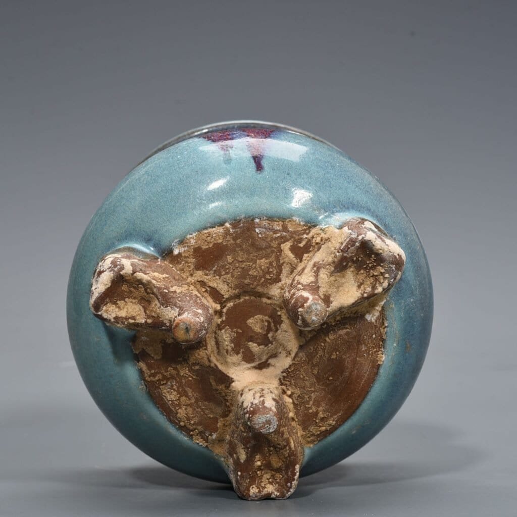 Song Dynasty Jun kiln blue glaze red spot three-legged furnace