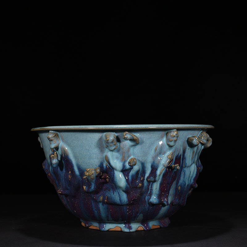 Song Dynasty Jun kiln blue glaze clad Arhat figure flower pot