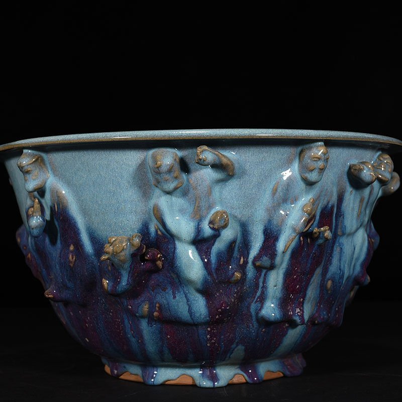 Song Dynasty Jun kiln blue glaze clad Arhat figure flower pot