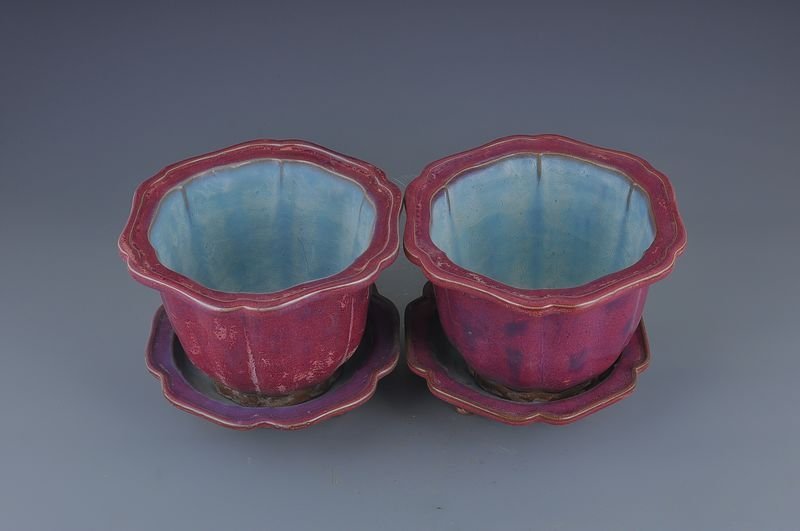 Song Dynasty Jun kiln blue inside and outside red rose purple hexagonal flower pot