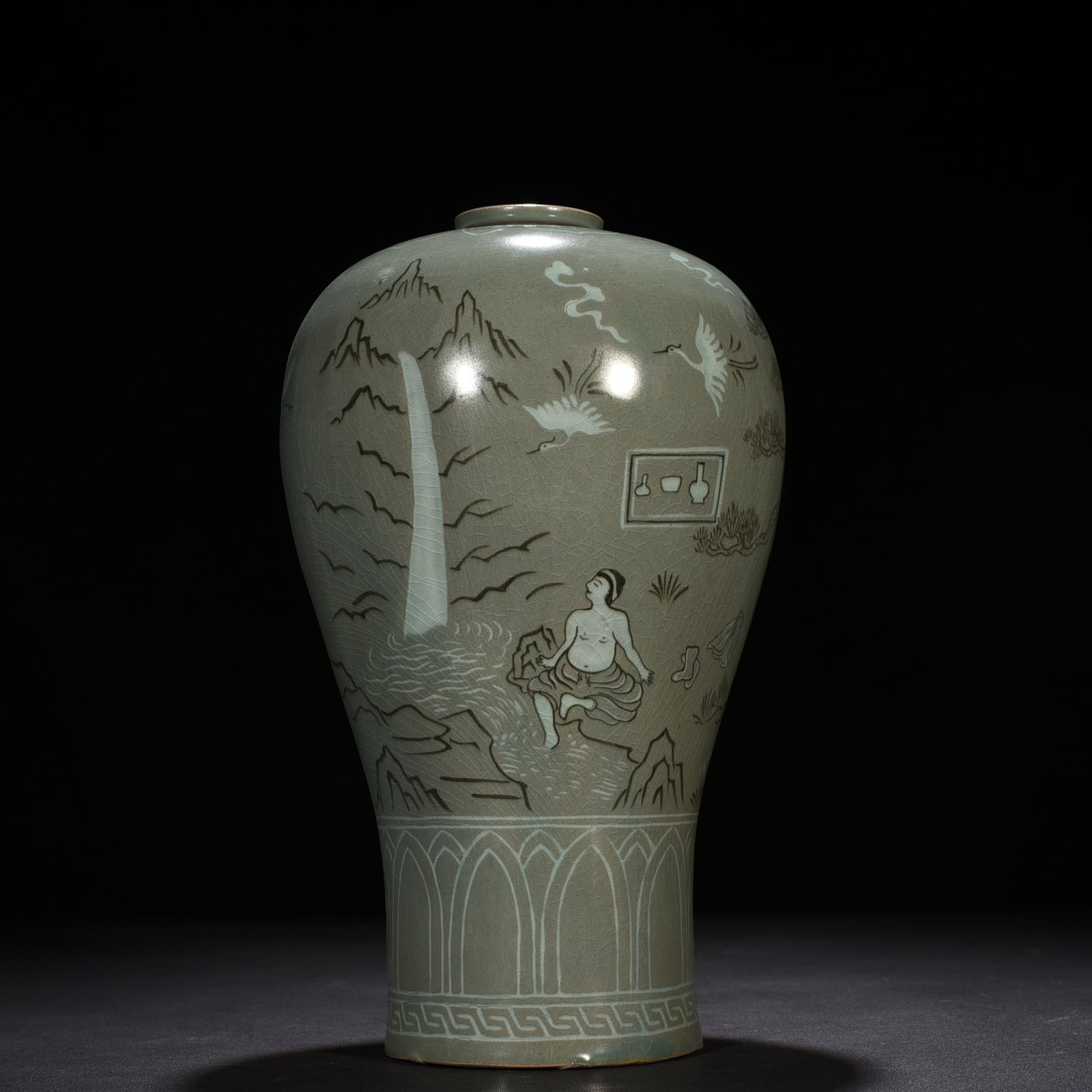 Song Dynasty Gaoli inlaid celadon plum vase with figures of Taoist figures