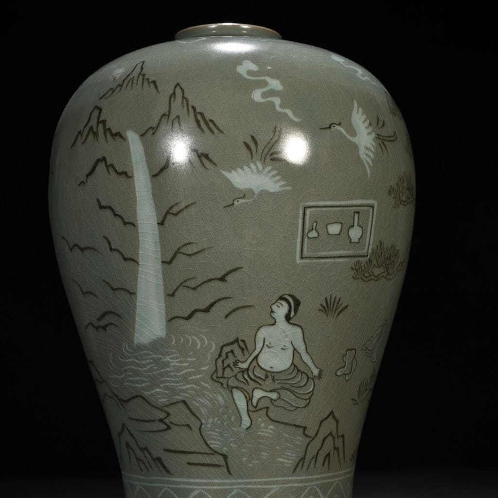 Song Dynasty Gaoli inlaid celadon plum vase with figures of Taoist figures