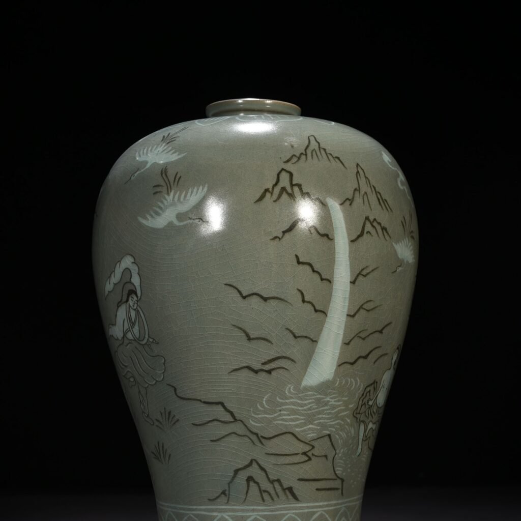 Song Dynasty Gaoli inlaid celadon plum vase with figures of Taoist figures