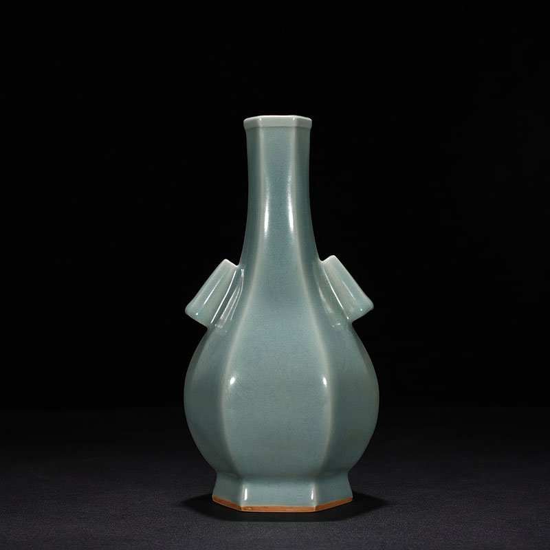 Song Dynasty Longquan kiln pink green glaze six-sided through-ear vase