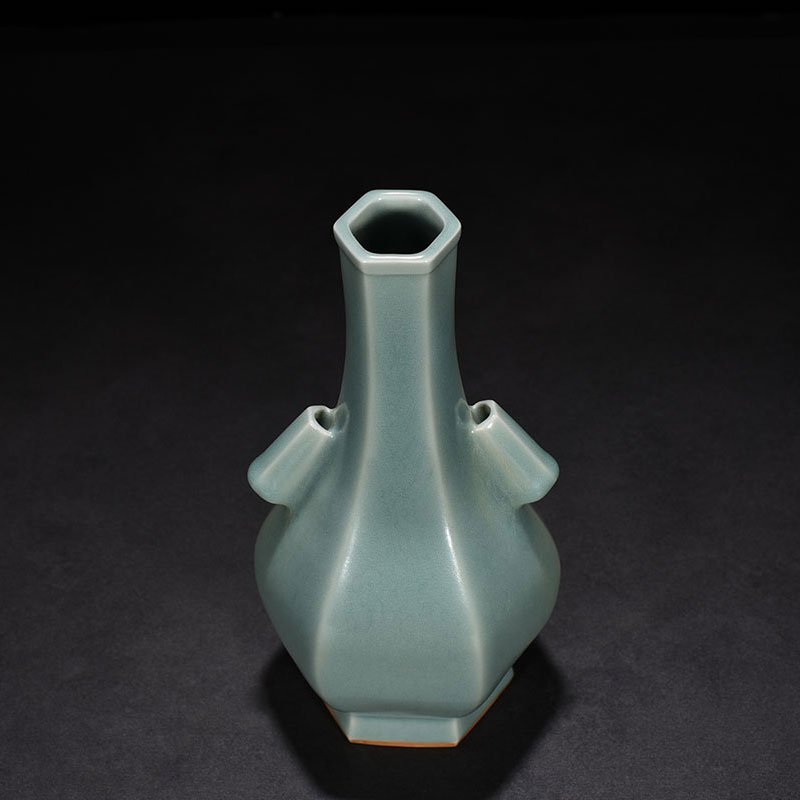 Song Dynasty Longquan kiln pink green glaze six-sided through-ear vase