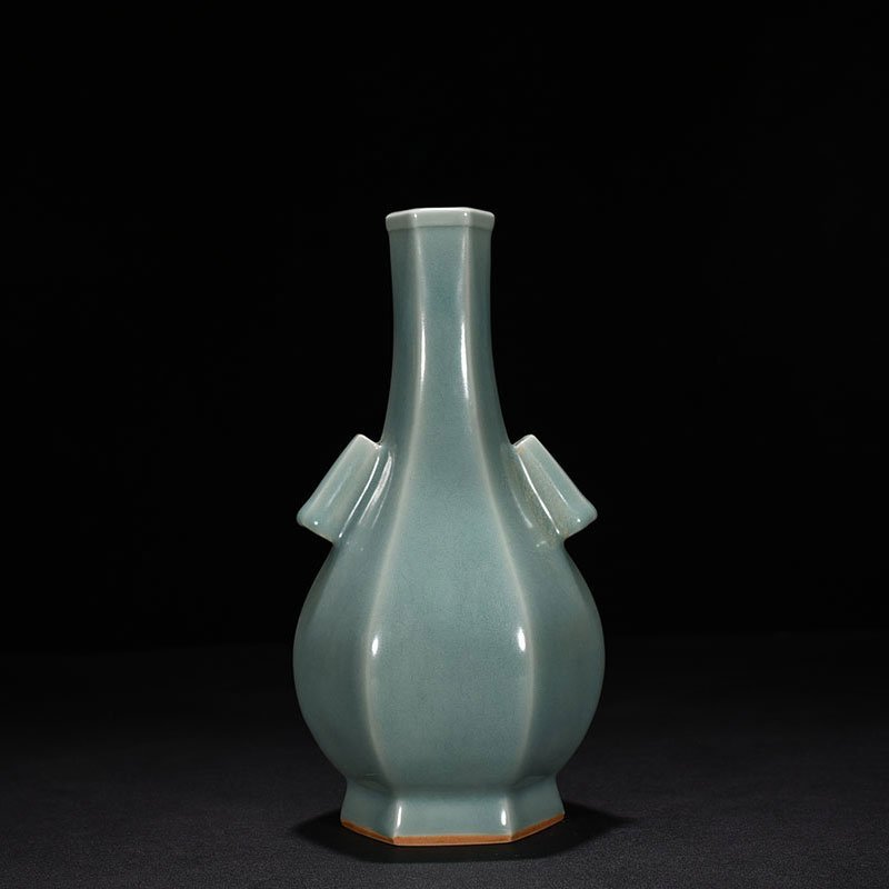 Song Dynasty Longquan kiln pink green glaze six-sided through-ear vase