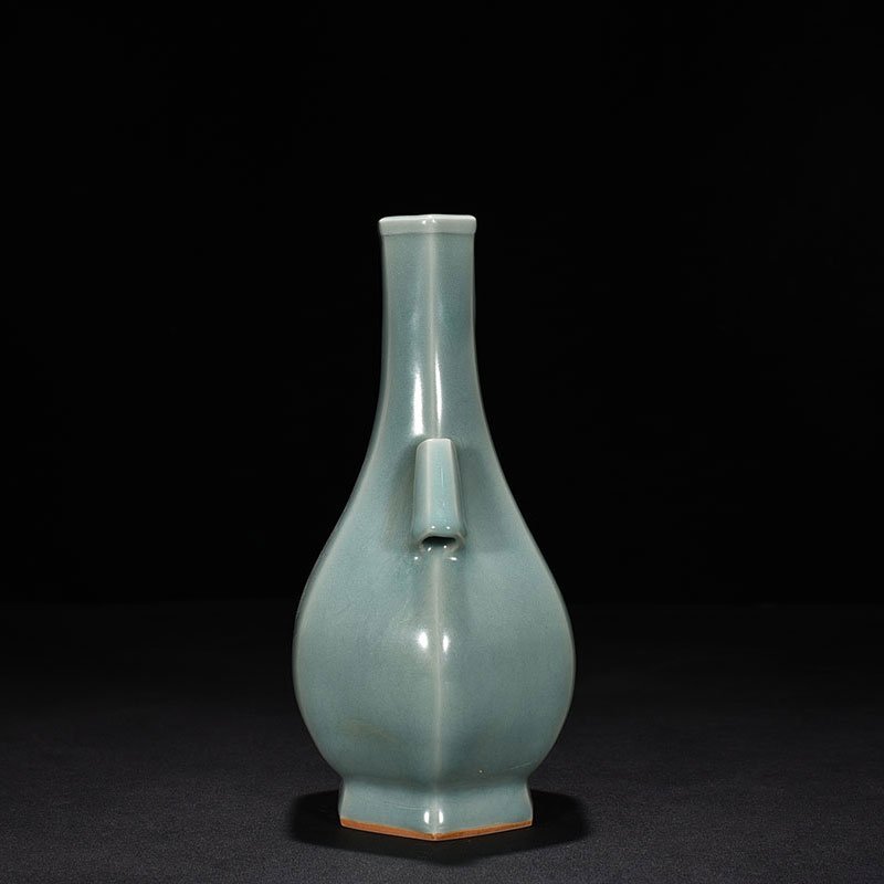 Song Dynasty Longquan kiln pink green glaze six-sided through-ear vase