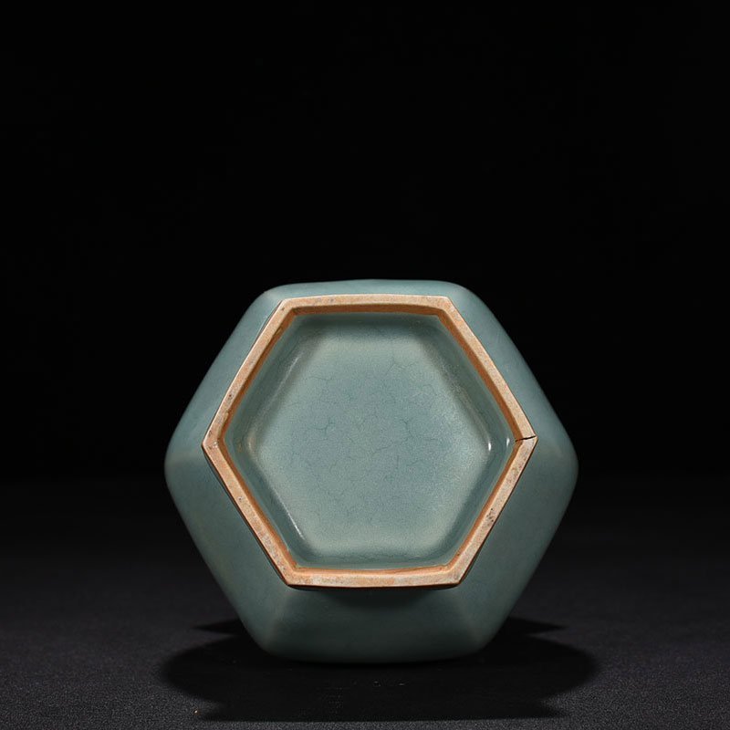 Song Dynasty Longquan kiln pink green glaze six-sided through-ear vase