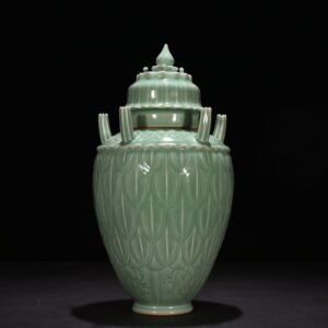 Song Dynasty Longquan kiln pink green glaze five-tube vase with banana leaf pattern