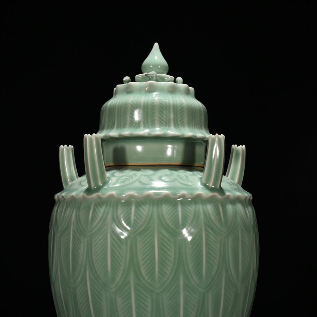 Song Dynasty Longquan kiln pink green glaze five-tube vase with banana leaf pattern