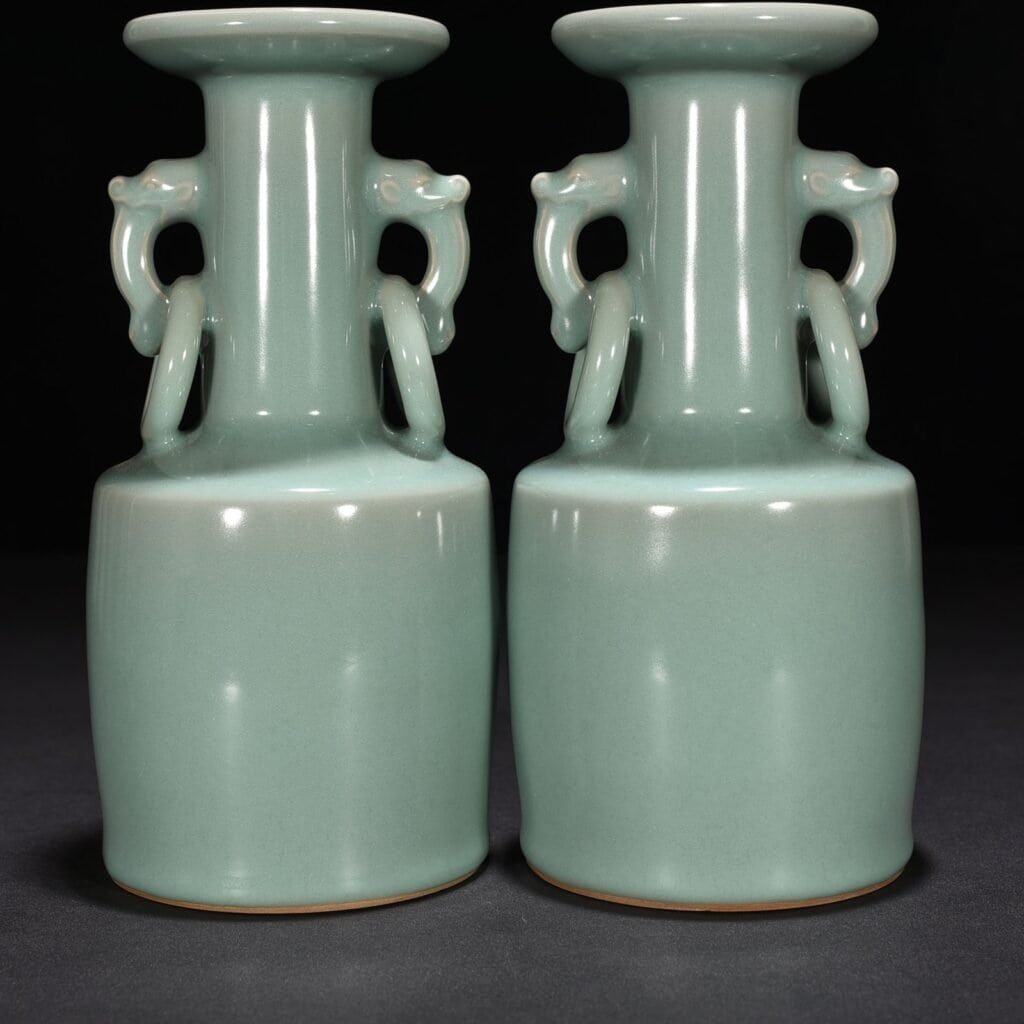 Song Dynasty Longquan kiln pink celadon glaze double-eared dish-mouth bottle