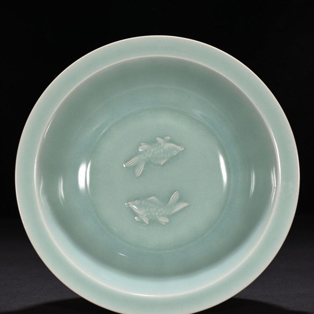 Song Dynasty Longquan kiln pink celadon glaze double fish folding rim bowl