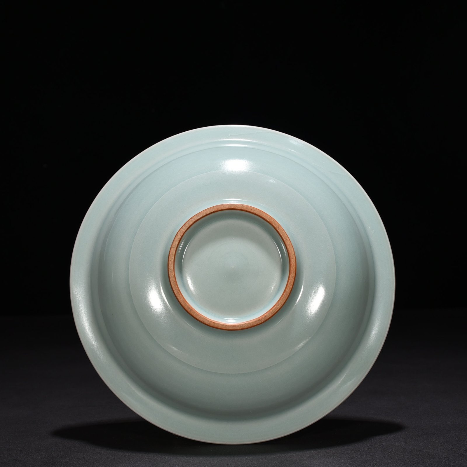 Song Dynasty Longquan kiln pink celadon glaze double fish pattern folded edge plate