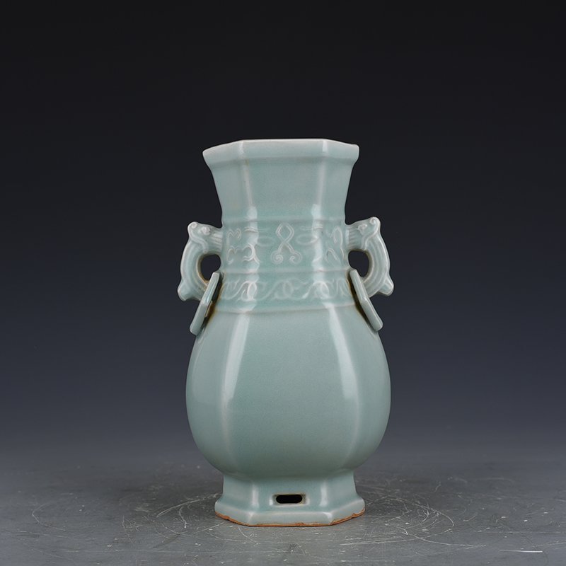Song Dynasty Longquan kiln pink celadon glaze with six-sided amphorae Antique antique porcelain old goods collection